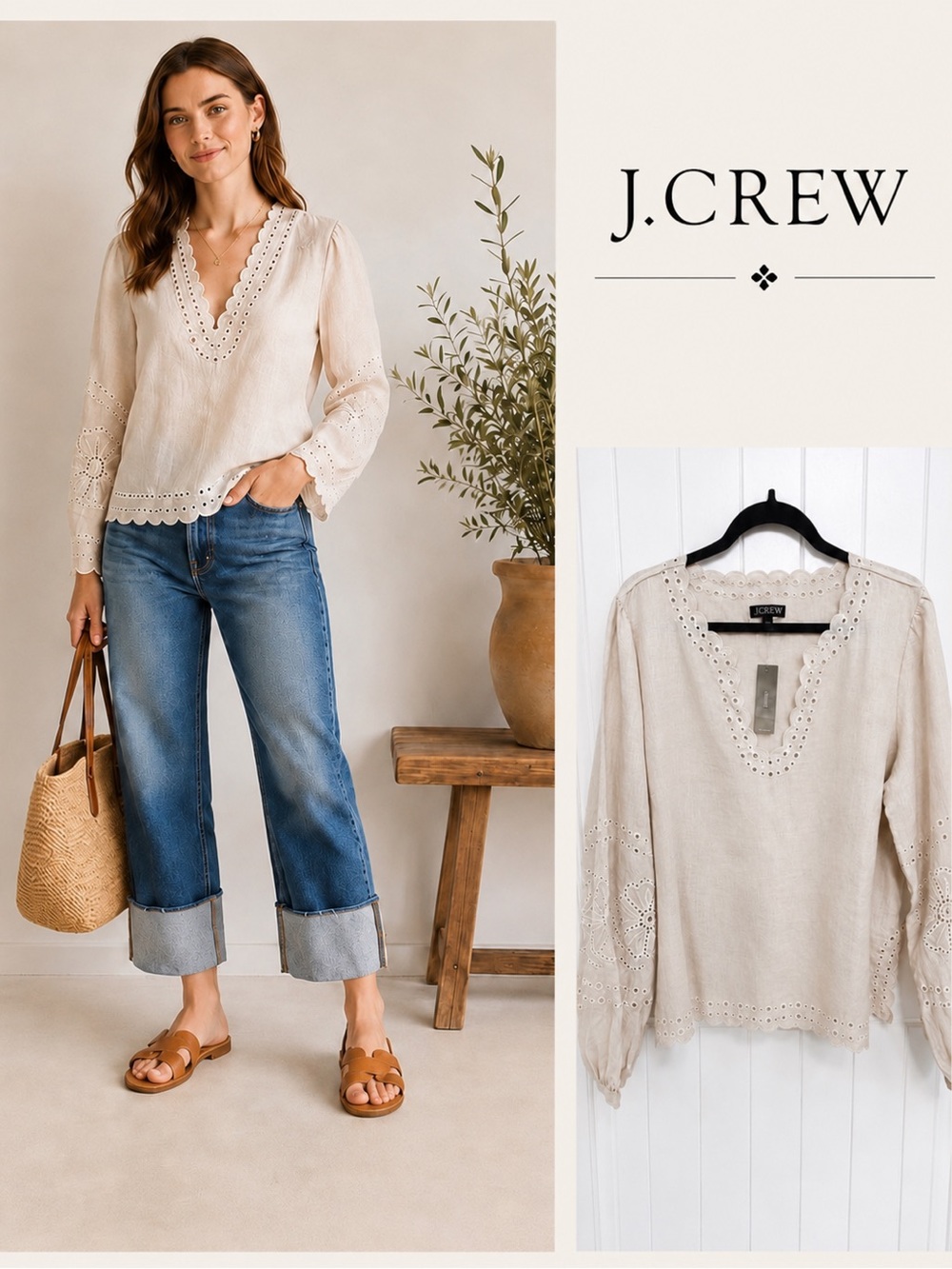 NWT J.Crew Eyelet Embroidered Scalloped Linen Blouse